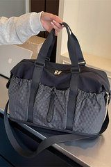 Plaid Drawstring Pocket Expandable Travel Duffle Bag