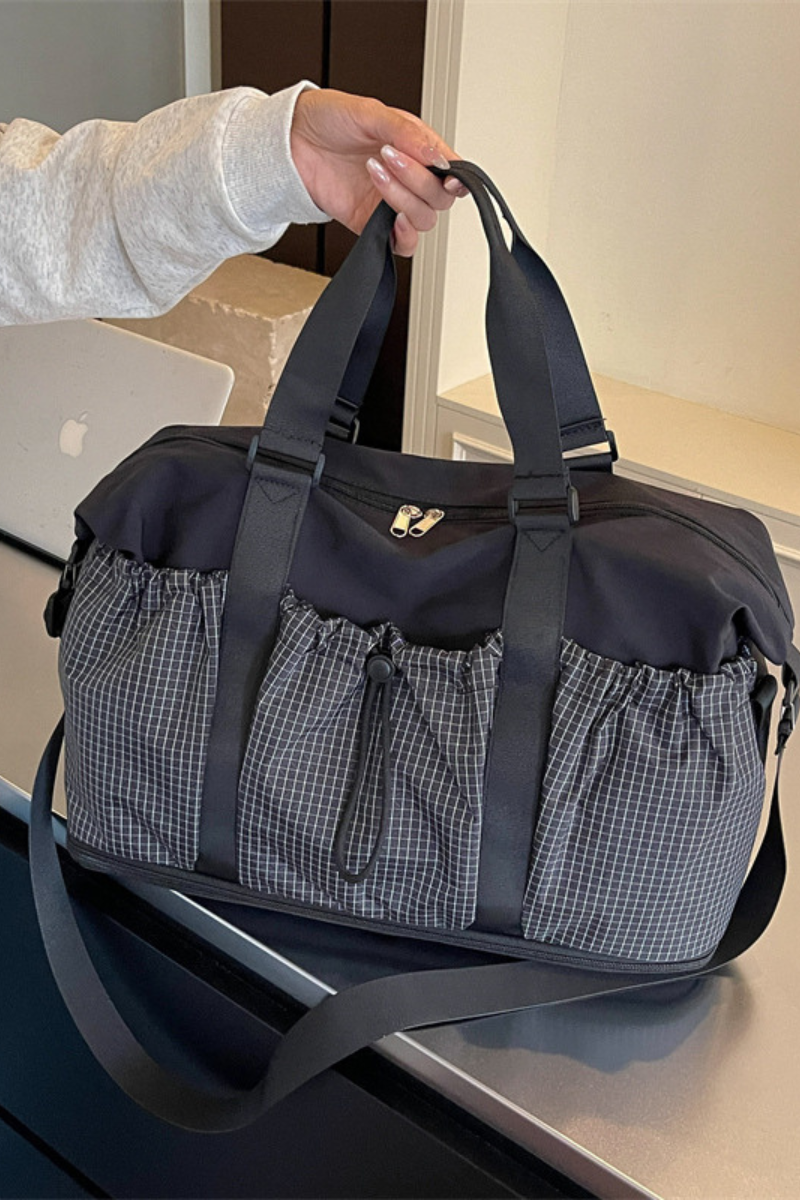 Plaid Drawstring Pocket Expandable Travel Duffle Bag
