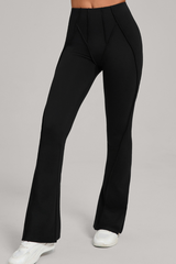 Wide-leg, snug, textured, and high-waisted flared pants