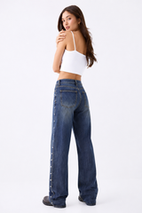 Women's High Waist Side Studded Wide Leg Jeans