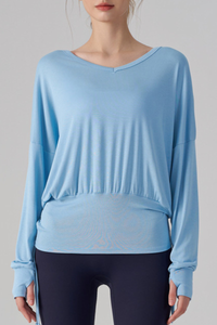 Women's Drawstring Waist and Thumbhole Cuffs Batwing Top