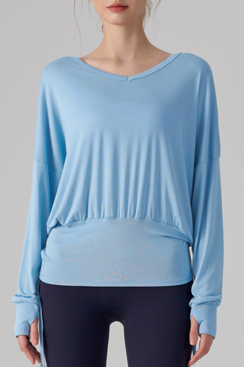 Women's Drawstring Waist and Thumbhole Cuffs Batwing Top