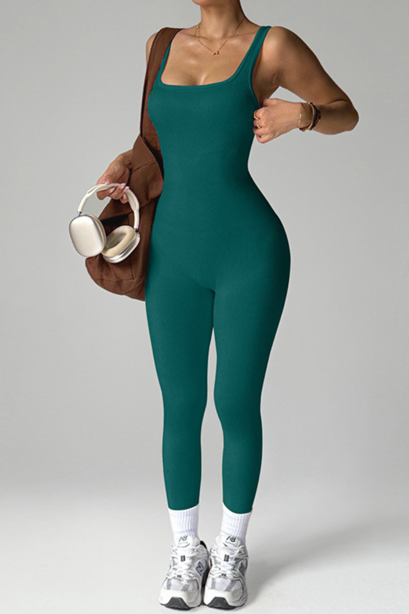Women's Ribbed Square-Neck Strap Workout Jumpsuit
