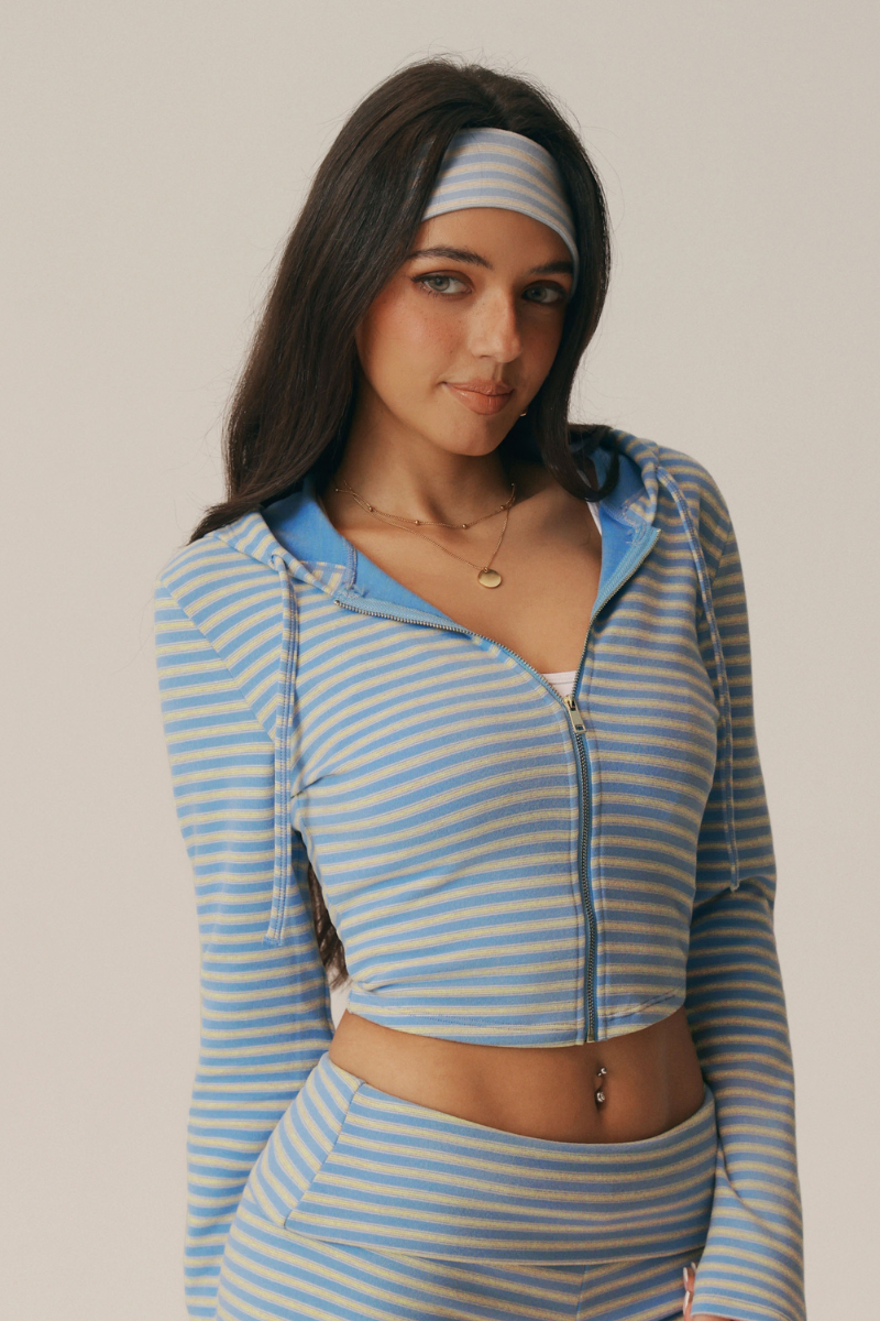 Women's Striped Drawstring Hooded Zip Crop Jacket