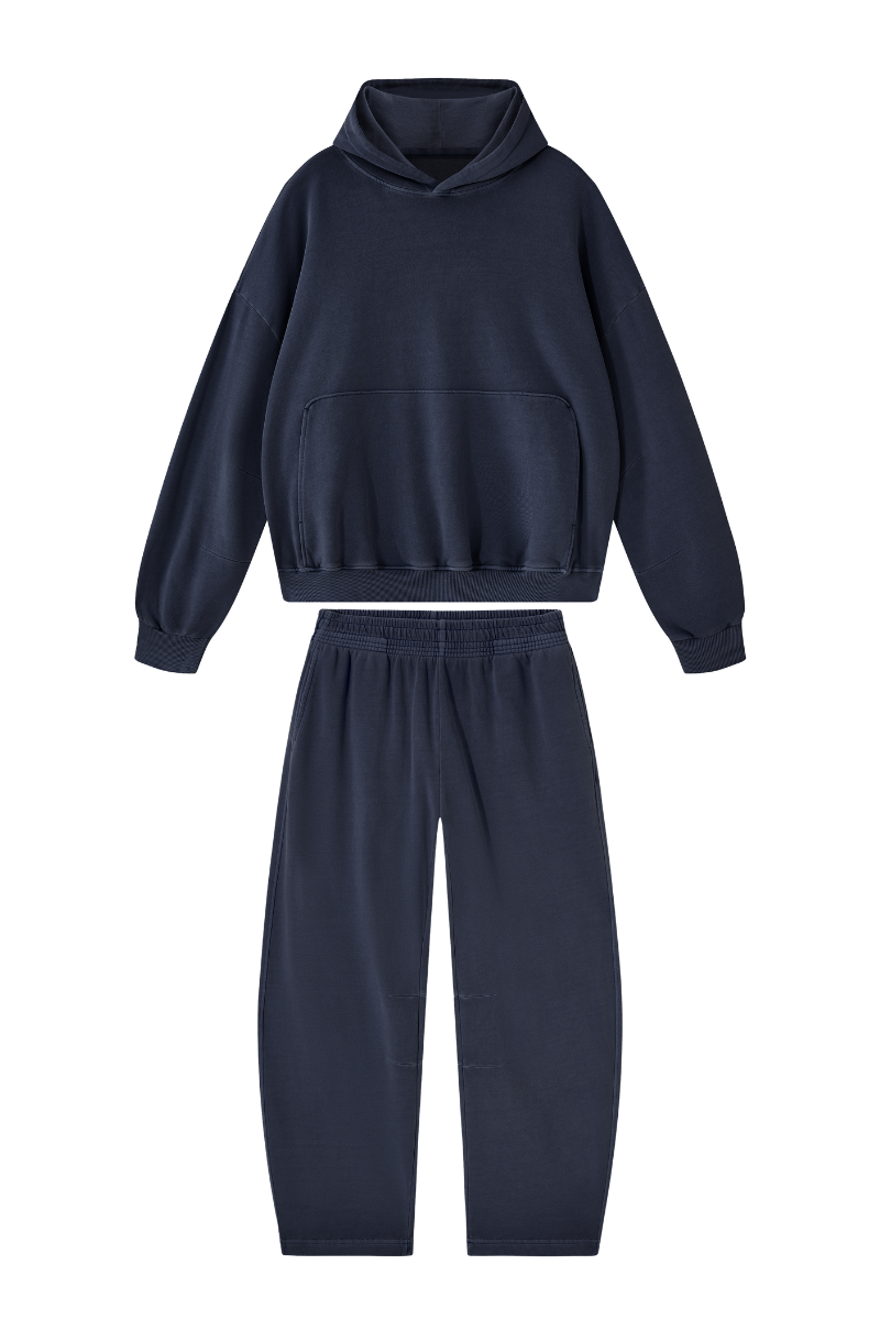 Unisex 100% Cotton Fall Washed Hoodie & Curved Sweatpant Set