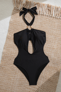 Women's Halterneck V-neck Backless Cutout Solid Swimsuit