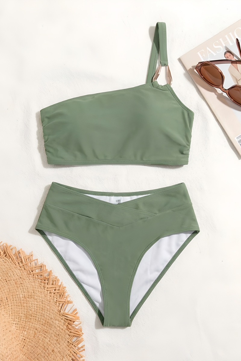 Women's One Shoulder Crossover Waist Metal Ring Bikini Sets