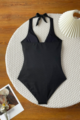 Women's V-neck Halterneck Pleated Solid Sexy Swimsuit