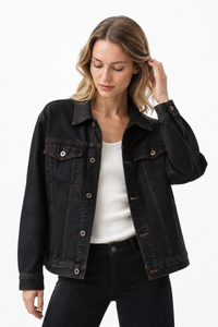 Women's Fall Vintage Classic Raw Black Denim Jacket