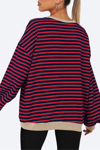 Women Fall Contrast Striped Lantern Sleeve Loose Sweatshirt