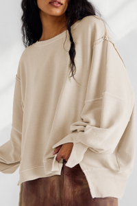 Women's Fall Vintage Raw‑Edge Seam Side Slit Hem Sweatshirt