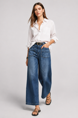 Women's High Waisted Wide Leg Jeans with Front Patch Pockets