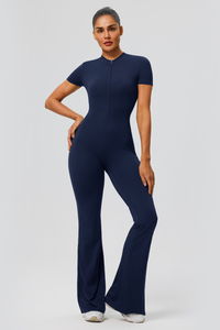 Women's Athletic Short Sleeve Half Zipper Flare Jumpsuit