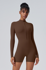 Women's Mock Neck Zip Sculpting Long Sleeve Shorts Jumpsuit