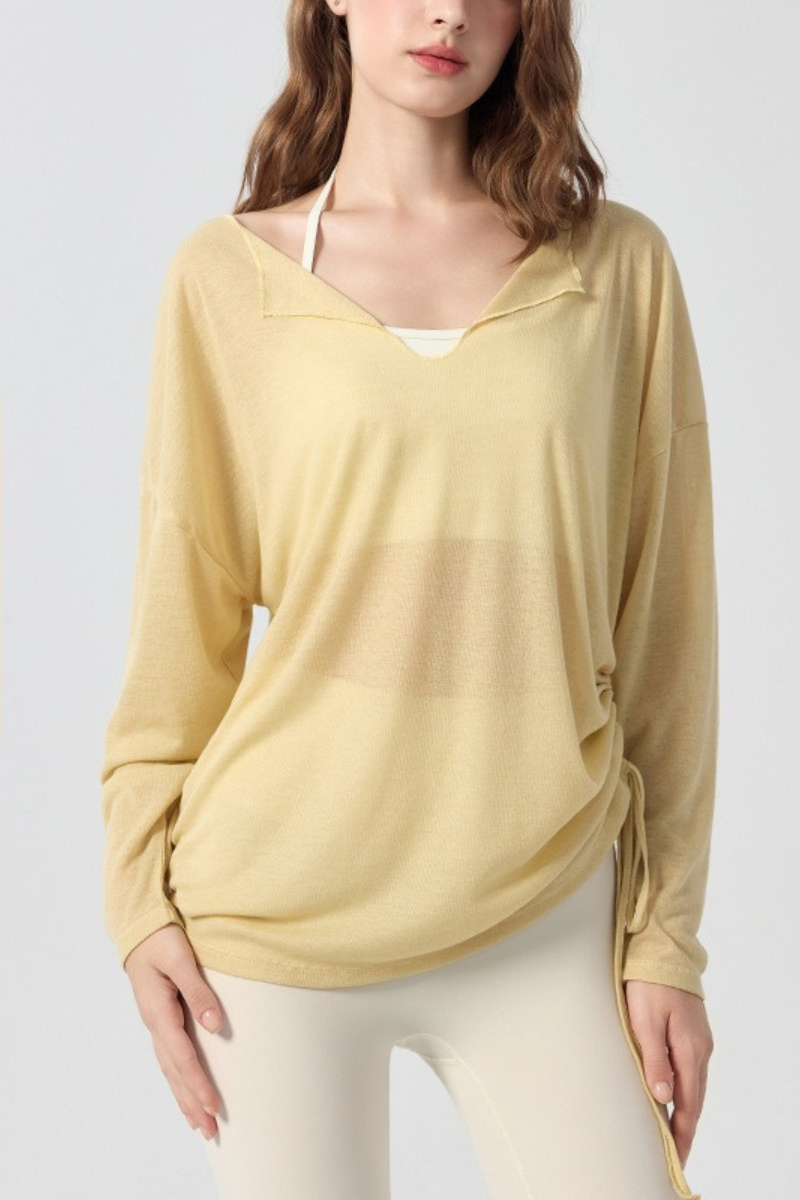 Women's Sheer Notched V-Neck Drawstring Yoga Long Sleeve Top