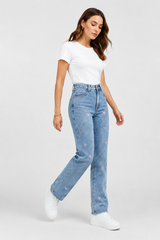 Women's Pink Heart Embroidered Straight Leg Jeans