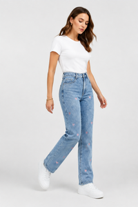 Women's Pink Heart Embroidered Straight Leg Jeans