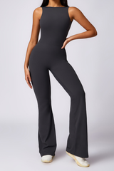 Women Pleated Buttocks Lift Padded Flared Leg Yoga Jumpsuit