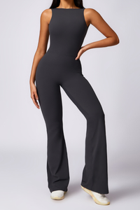 Women Pleated Buttocks Lift Padded Flared Leg Yoga Jumpsuit