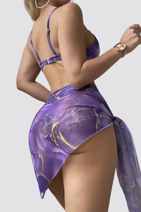 Women's Marble Underwire V Neck Adjustable Bikini Set - 3pcs