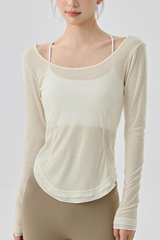 Women Spring Color-Block Dip Hem Breathable Long Sleeve Top