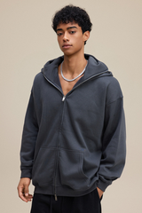 Hooded zip-up sweatshirt.