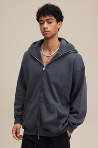 Hooded zip-up sweatshirt.