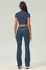 Women's Color‑Contrast Cropped T-shirt & Flared Pants Set