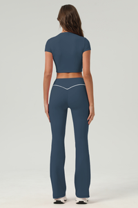 Women's Color‑Contrast Cropped T-shirt & Flared Pants Set