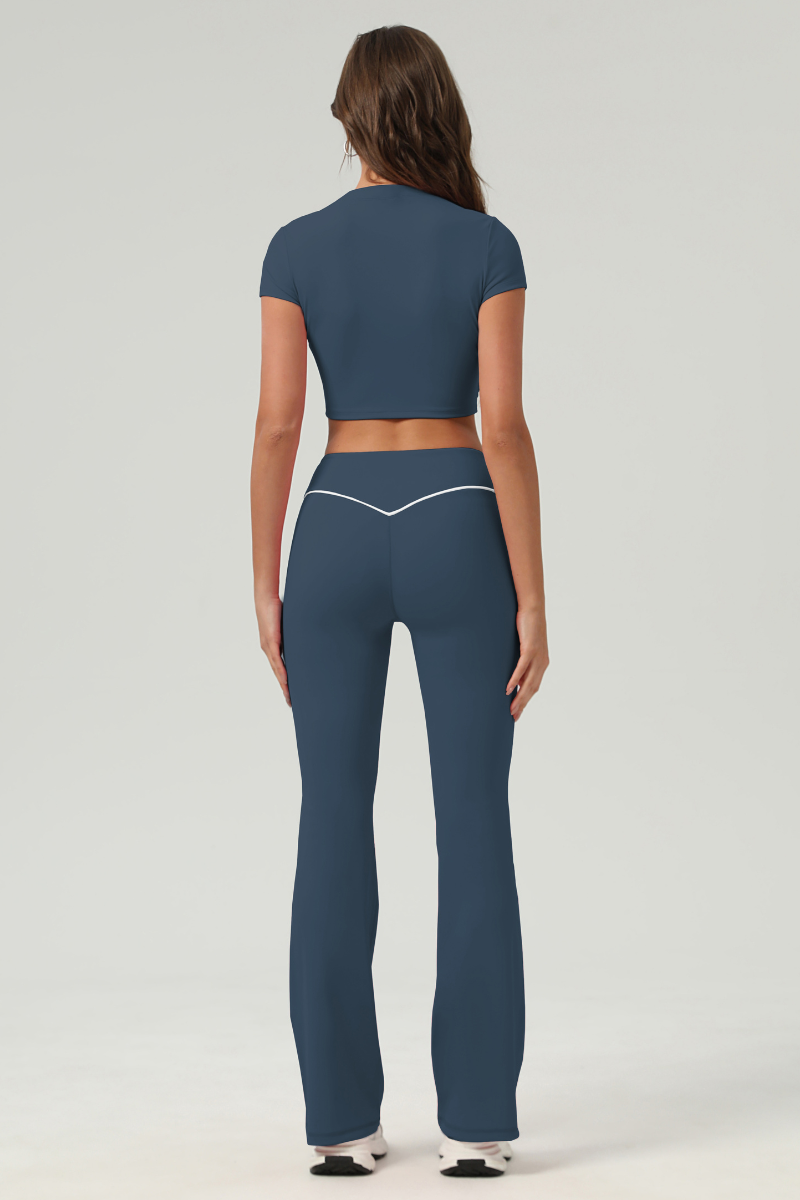 Women's Color‑Contrast Cropped T-shirt & Flared Pants Set
