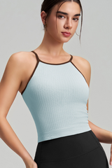 Fixed cup, back-support, shock-absorbing sports bra