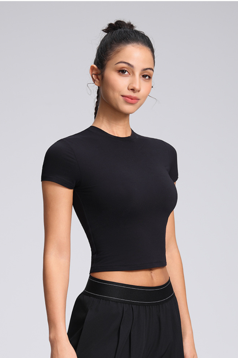 Women's Summer Solid Slim Fitted Cropped Athletic Yoga Tee