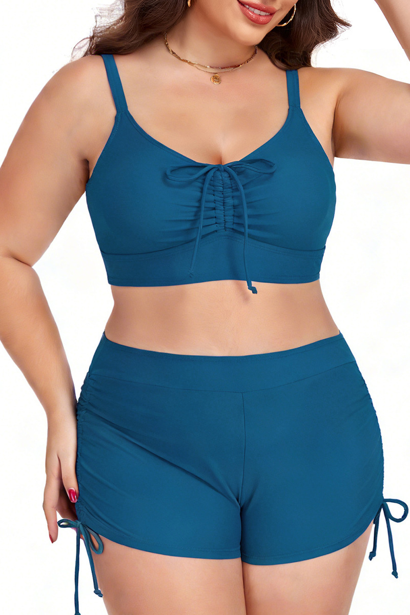 Plus Size Women's Pleated Drawstring Solid Bikini