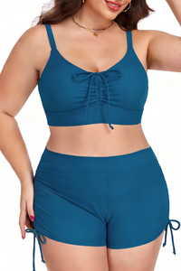 Plus Size Women's Pleated Drawstring Solid Bikini