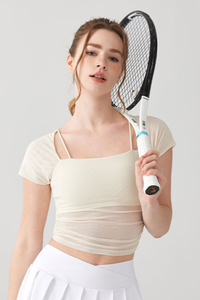 Women's Mesh Sheer Layer Faux Two-Piece Padded Athletic Tee
