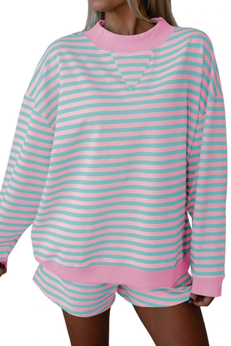 Women's Fall Striped Mockneck Sweatshirt and Shorts Set