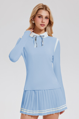 Women's Color-Block Set:Polo Collar Top & Pleat Mini Skirt