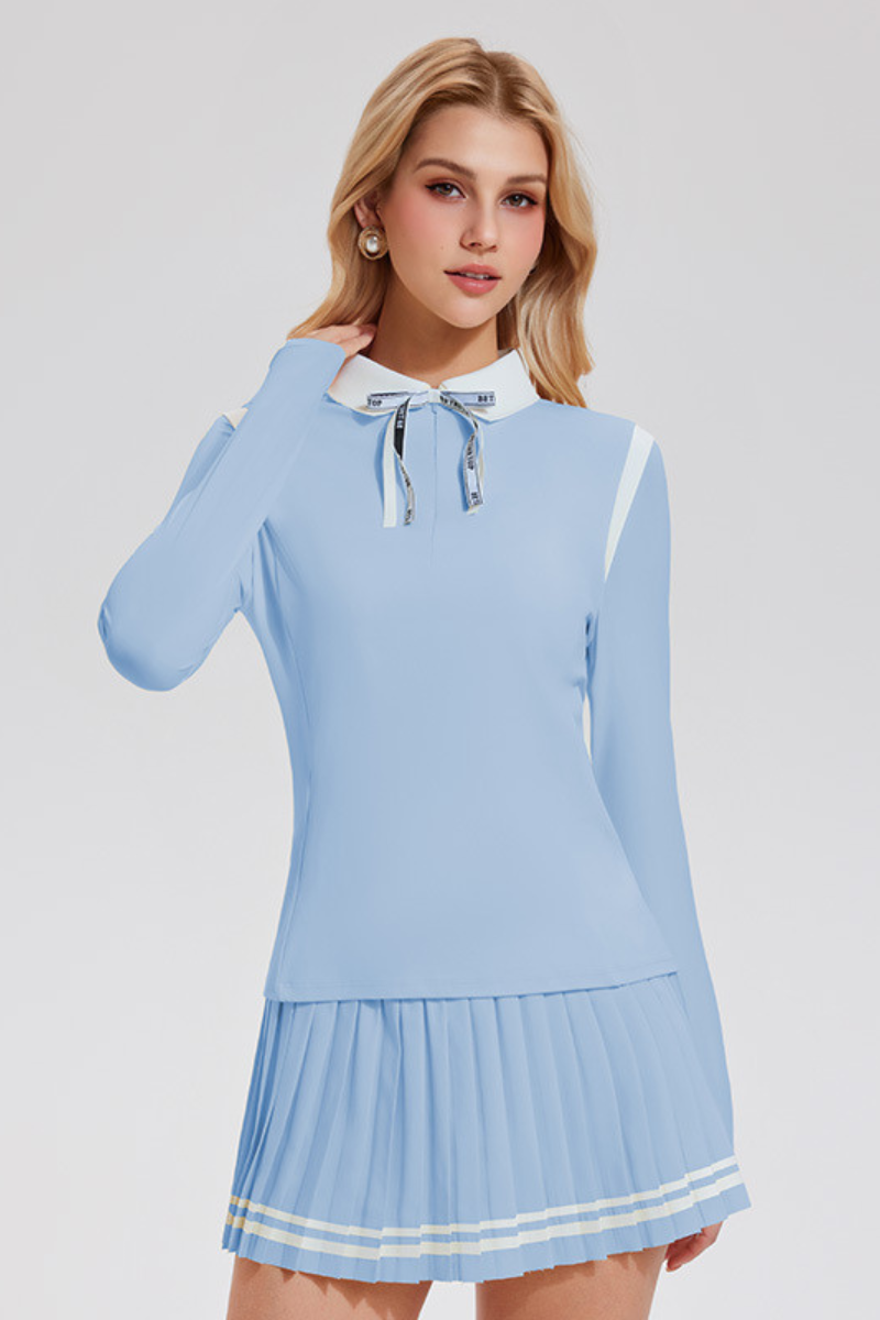 Women's Color-Block Set:Polo Collar Top & Pleat Mini Skirt