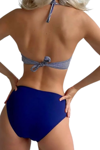 Women's Halter Deep V High Waist Back Tie Bikini Set - Solid