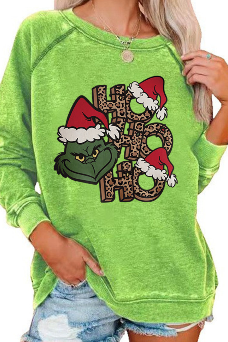 Women's Fall Cotton Christmas Grinch Cartoon Raglan Pullover