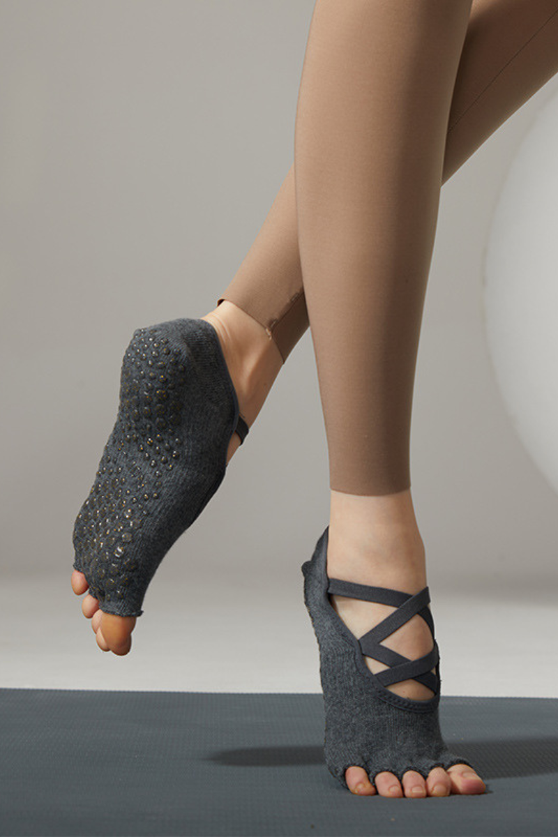 Women's Solid Color Strappy Open-Toe Yoga Grip Socks