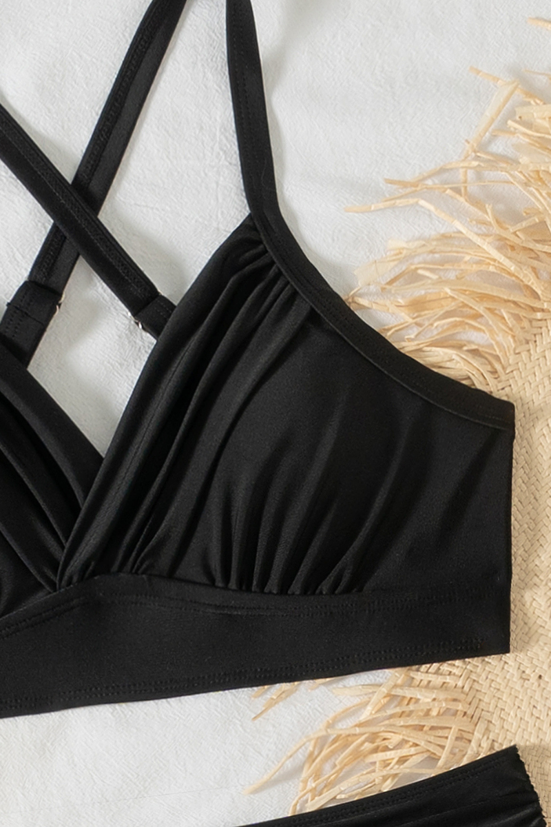 Women's V-Neck Cross Back High Waist Ruched Solid Bikini