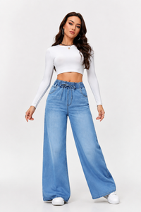 Women's Fall Drawstring Elastic Waist Wide Leg Jeans