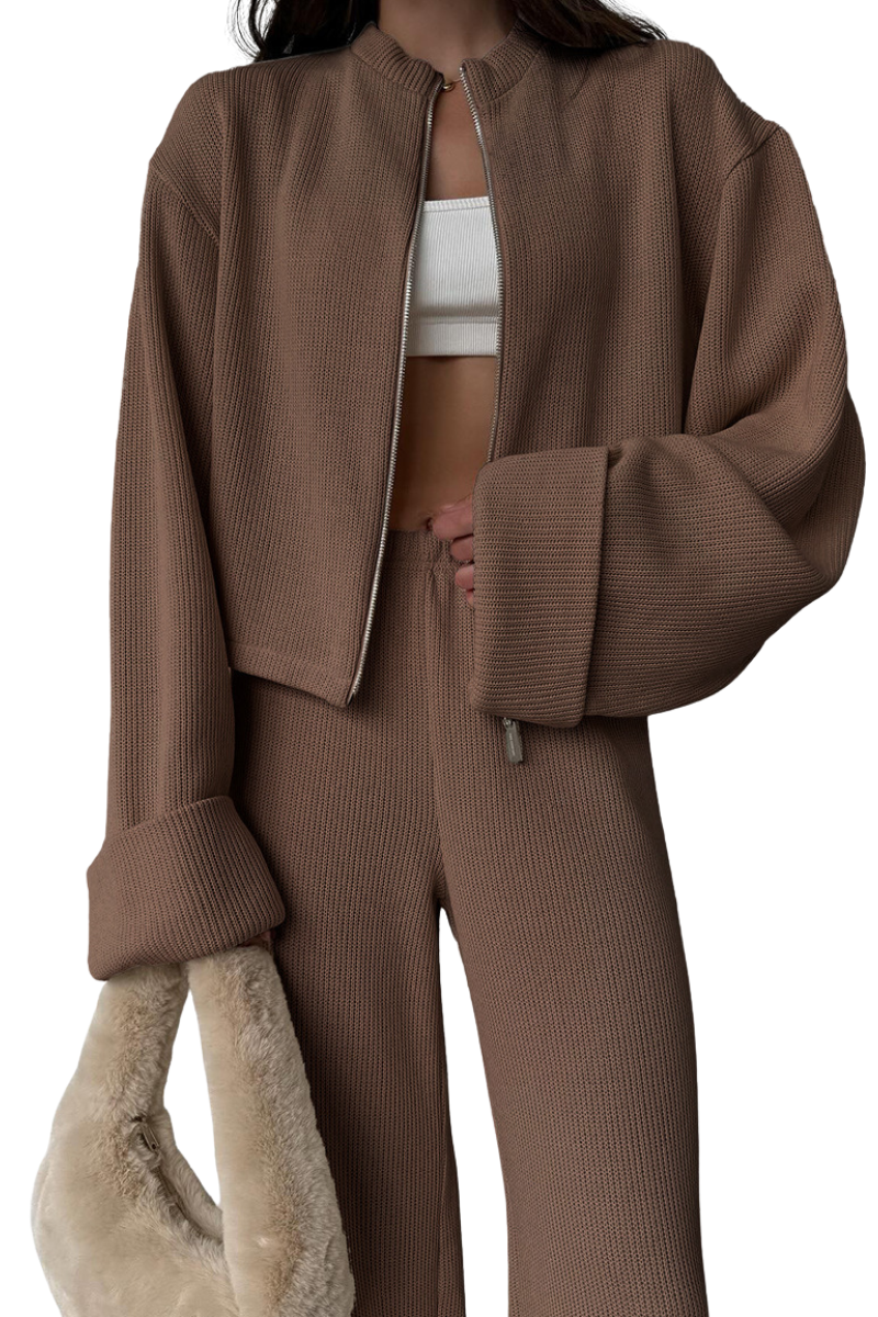 Zipper-fastened jacket and long pants set