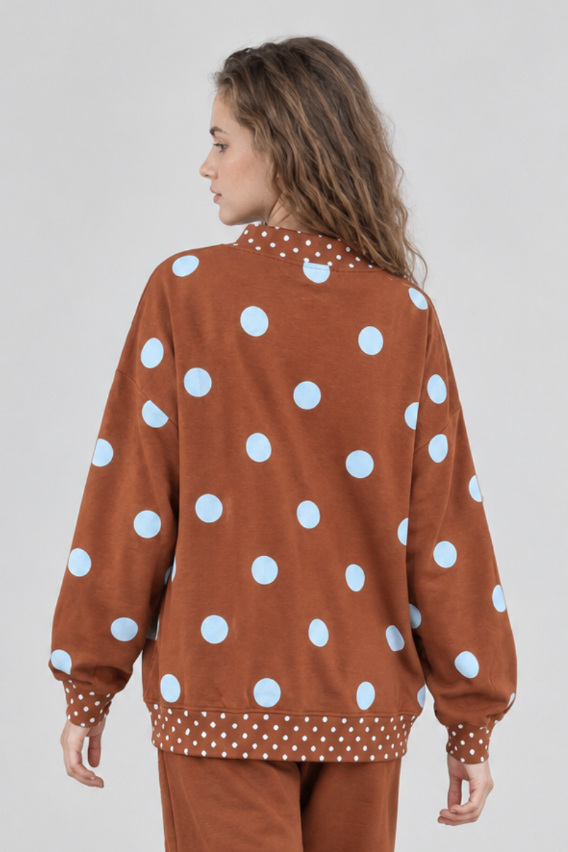 Women's Fall Color Block Polka Dot Mockneck Sweatshirt