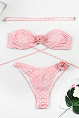Women's Sexy 3D Floral Wide Leg Adjustable Bikini Set - Pink