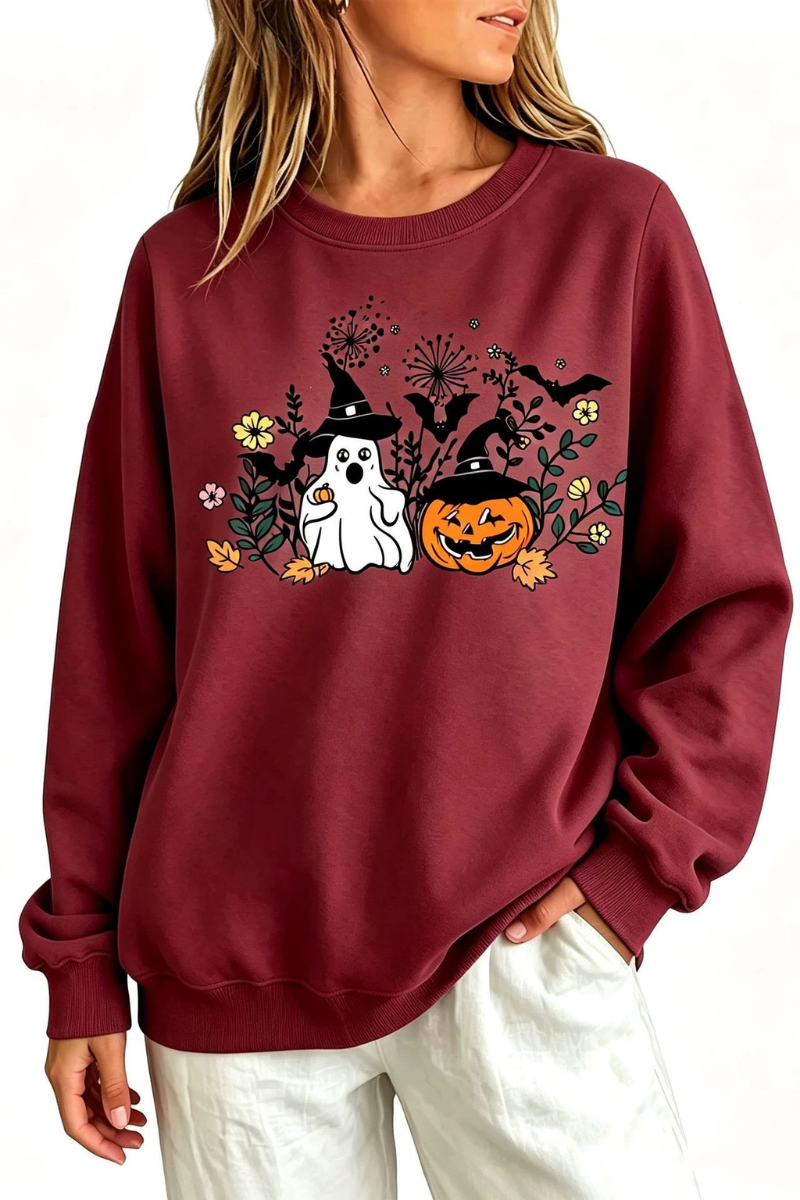Women's Fall Halloween Witch Ghost Floral Horror Sweatshirt