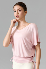 Women's V Neck Batwing Sleeve Side Drawstring Loose Fit Top