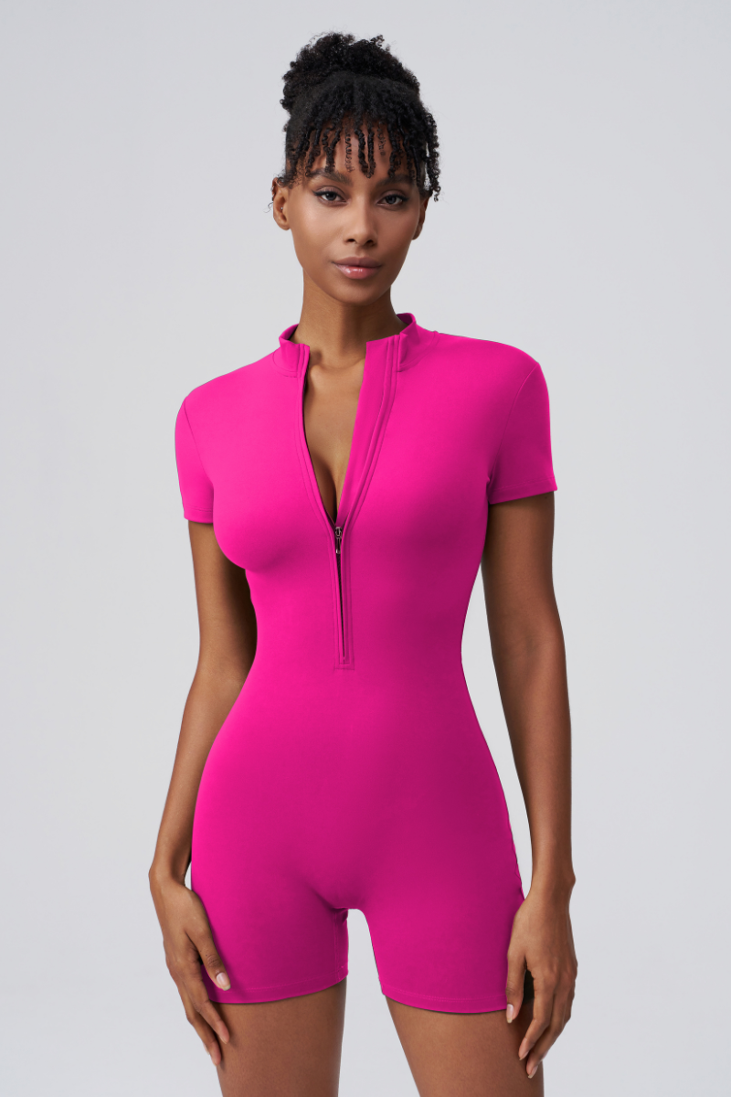 Women's Round Neck Zip Sculpting Long Sleeve Shorts Jumpsuit