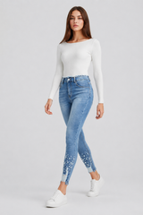 Women's High Waist Pearl Embellished Stretch Skinny Jeans